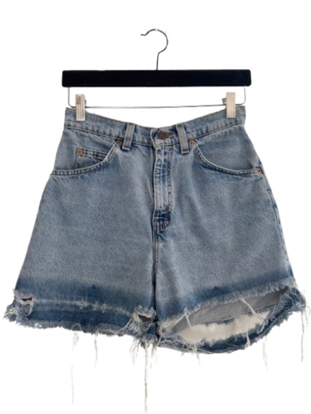 Vintage Levi’s 910 Regular Fit White Tab Ripped Distressed Shorts Blue Denim USA